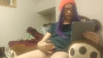 Play Trans girl masturbates while reading – big cumshot
