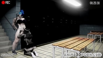 Play Nerd slut hard fucked by two futas in the locker room