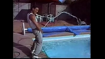 Play Playful stud brian strong likes to fool around with water hose during filling the pool before making a bald man cry