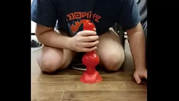 Play Hung Gay Amateur Puppy Playing with Dildo and Cumming in Chastity Cage